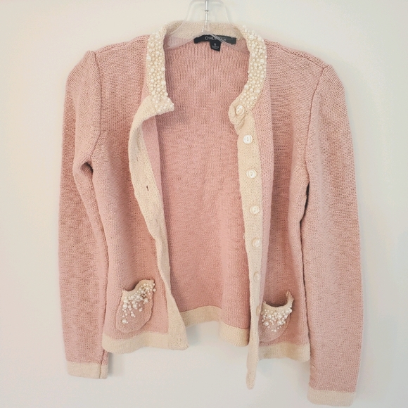 ❌️SOLD❌️ Chadwicks Pink & Cream Pearl Cardigan Small - Picture 3 of 11